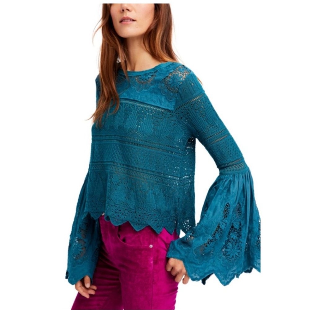 NWT Free People Once Upon A Time Crochet Embroidered Top XS Dark Teal - Picture 2 of 6